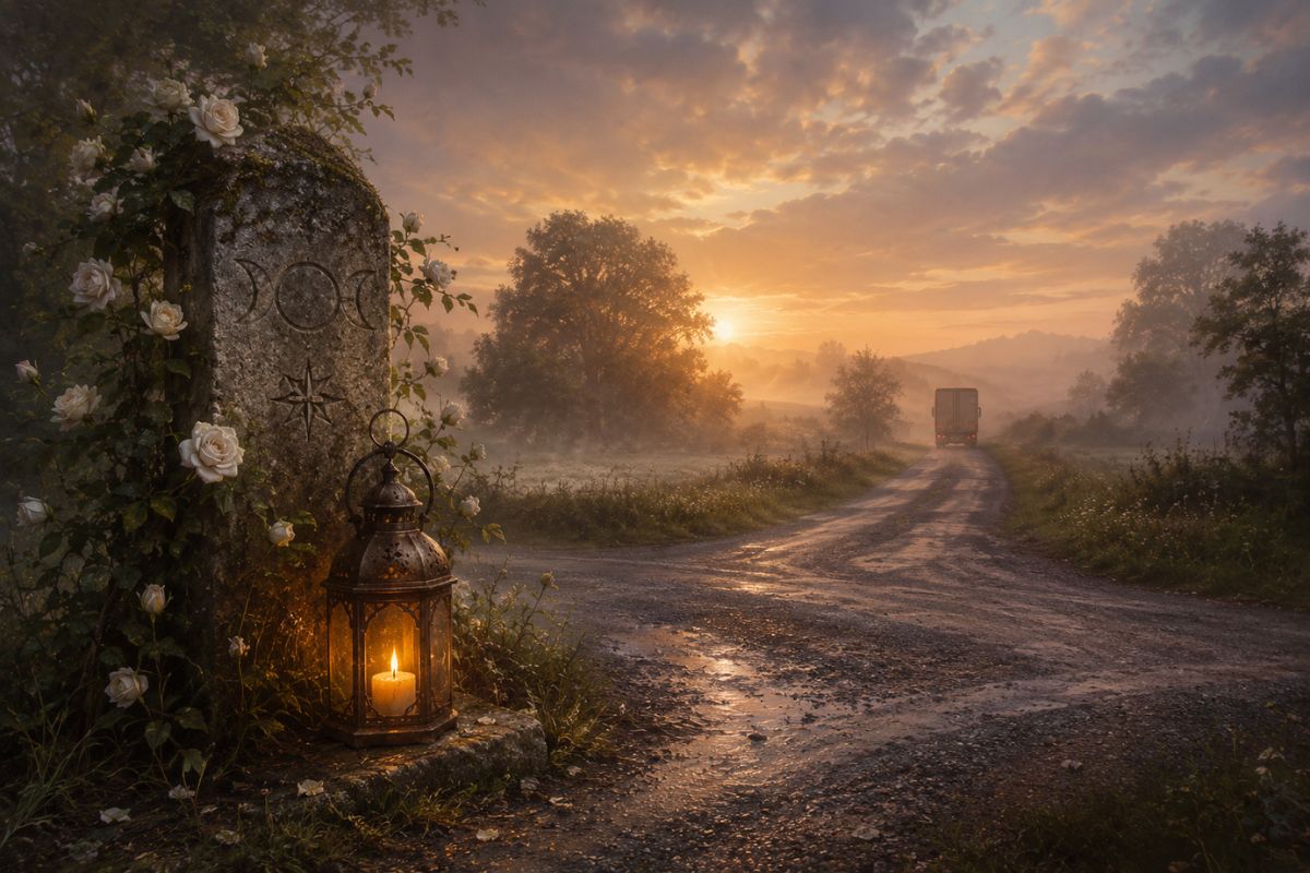 Misty sunrise at a rural crossroads with a lantern beside a rose-covered stone marker as a lorry travels along the road into the distance.