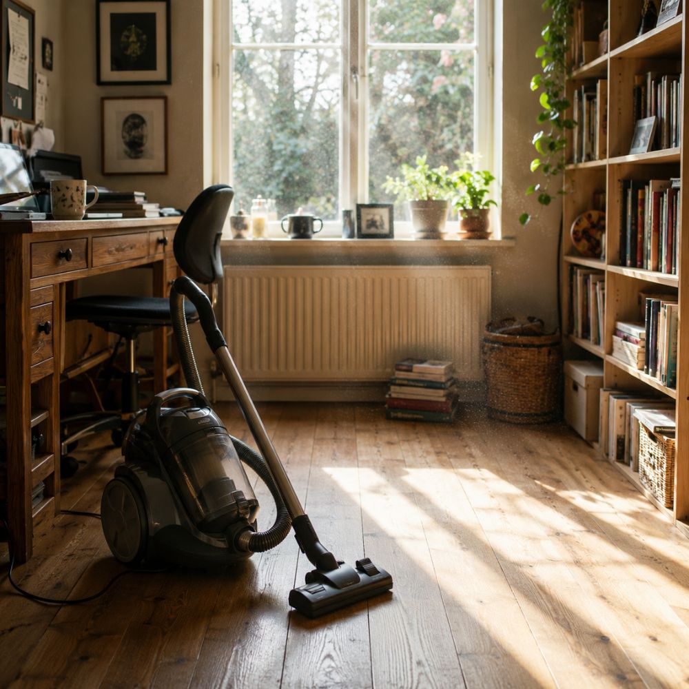 Sunlit home office with a vacuum cleaner paused on a wooden floor, surrounded by bookshelves, plants, and a writing desk. Warm morning light streams through the window, illuminating floating dust motes and creating a calm, contemplative atmosphere that reflects the ordinary setting of an unexpected spiritual experience.