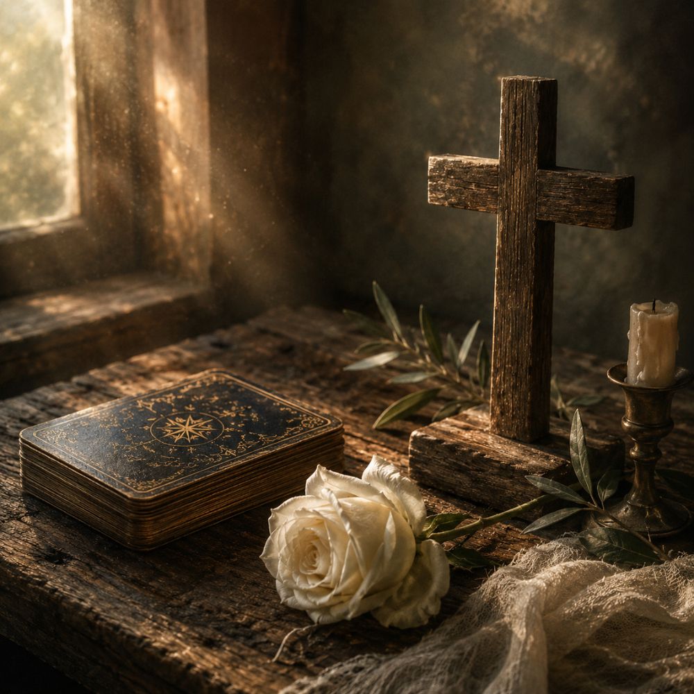 Square painterly still life featuring a Tarot deck, wooden cross and white rose on a rustic table, representing spiritual reflection, grace and the meeting of faith and Tarot.