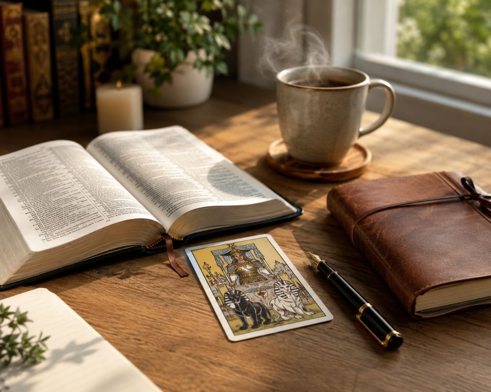 A contemplative writing desk with an open Bible displaying Psalm 77, The Chariot Tarot card, leather journal, fountain pen and steaming coffee in warm morning light.