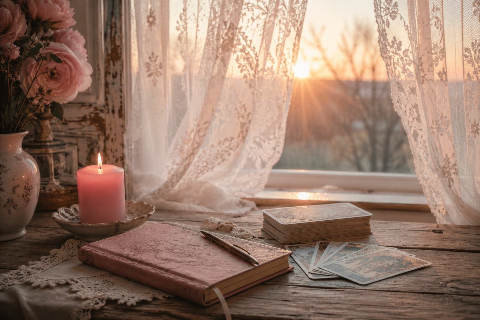 Pink prayer candle beside a Tarot deck and journal on a rustic wooden table as sunrise filters through white lace curtains, symbolising reflection, sisterhood and how to find a way forward in life.