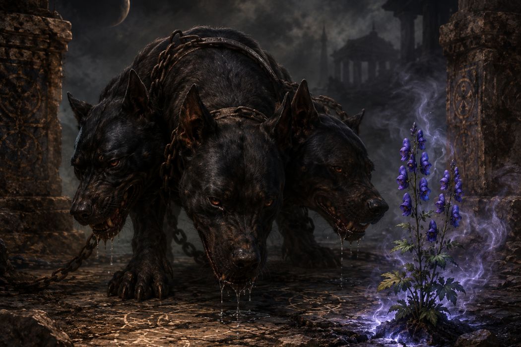 Kerberos drooling beside blooming aconite at the threshold of the Underworld, symbolising death, transformation and the Christo-Hekatean path.