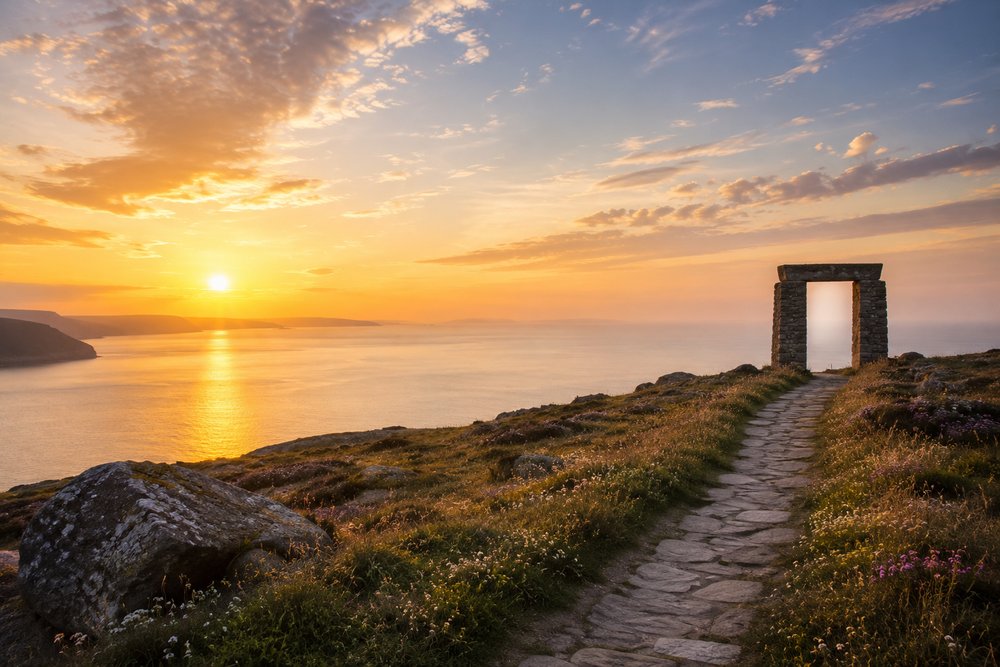 A winding stone path leads to an ancient stone doorway overlooking a calm sea at sunset. Golden light reflects across the water beneath a dramatic sky streaked with warm orange and soft blue clouds, creating a peaceful, contemplative atmosphere.