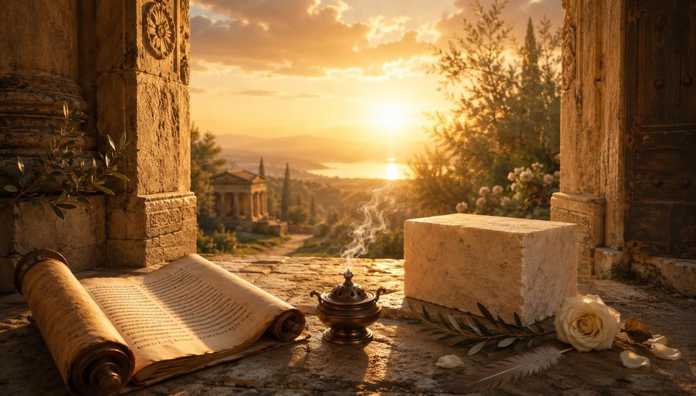 Ancient Greek manuscript, smoking incense burner and limestone cornerstone at a temple doorway overlooking a golden sunrise.