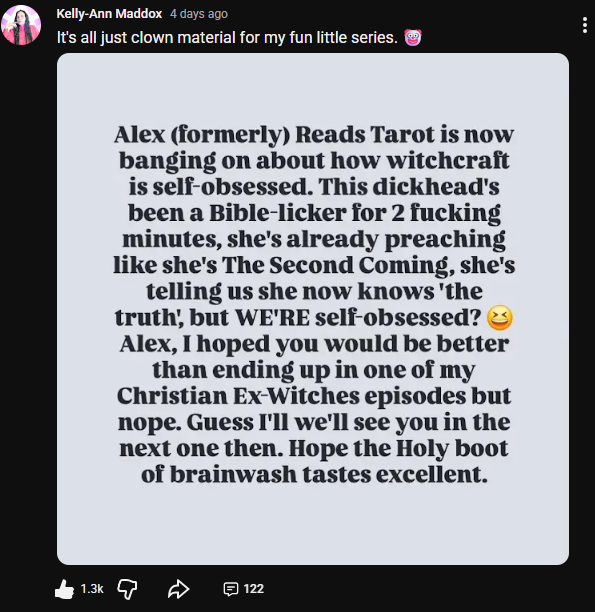 Screenshot of a social media post by Kelly-Ann Maddox discussing Alex (formerly) Reads Tarot's recent conversion to Christianity. The post strongly criticises Alex's comments about witchcraft and uses profane language to express disappointment and anger. The post received around 1,300 likes and more than 120 comments.