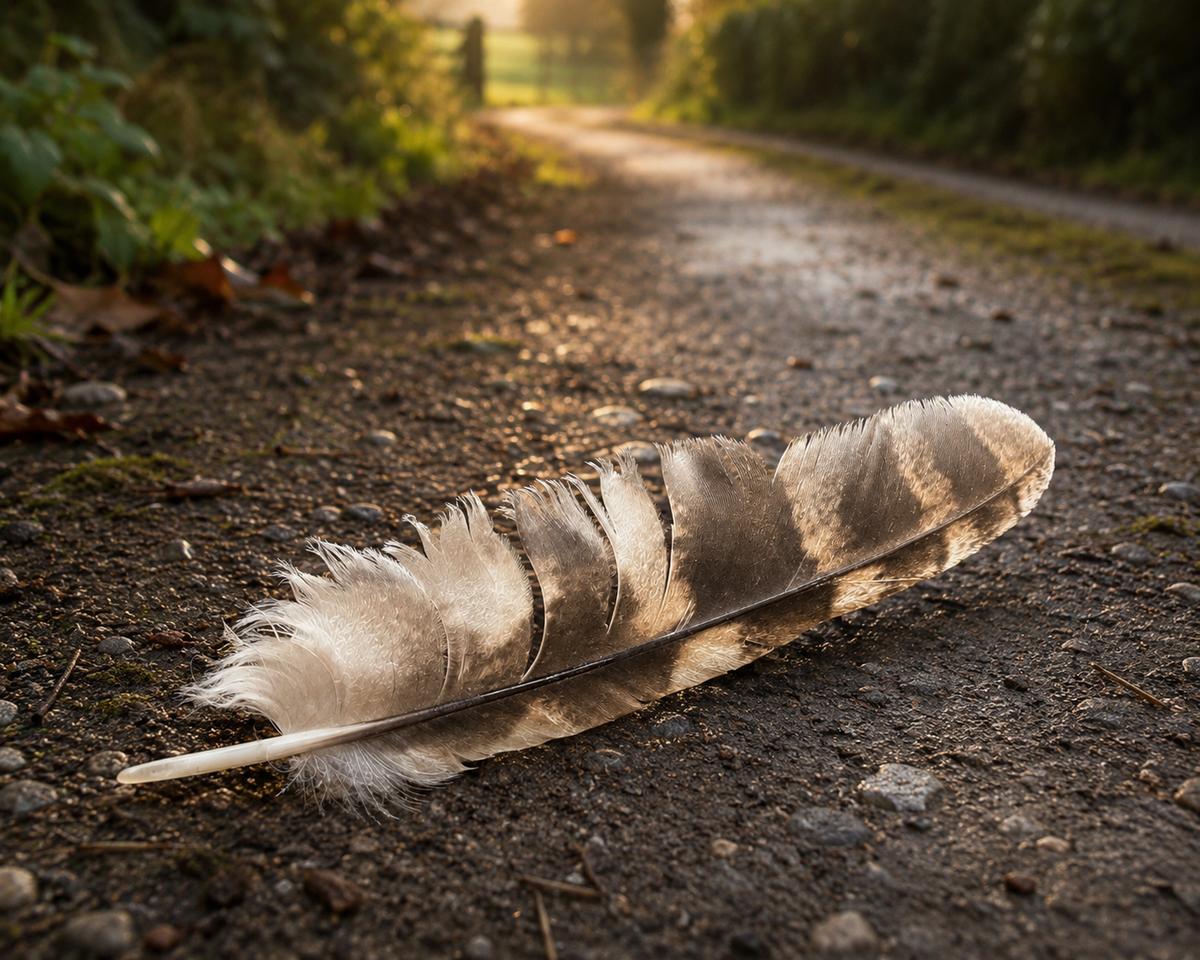 Owl feather lying on a quiet country lane in warm evening light, symbolising guidance, compassion and spiritual protection.