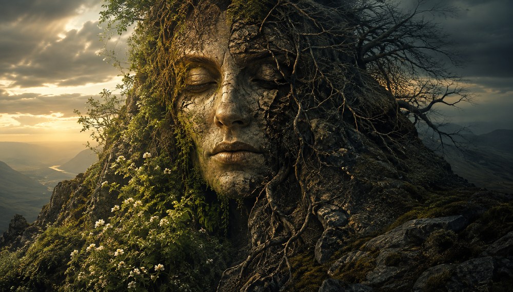 Ancient face of Physis emerging from a mountainside, with living greenery on one side and barren roots on the other, symbolising the cycle of life, death and embodiment.