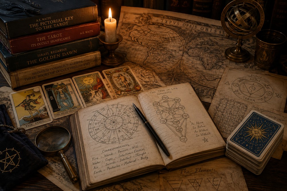 Candlelit esoteric study desk with Tarot cards, books by A. E. Waite, Israel Regardie and Agrippa, astrological correspondences, the Tree of Life and an antique map.