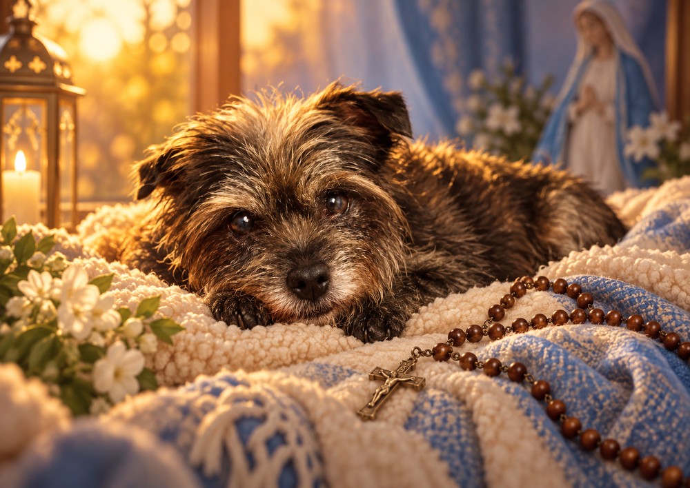 Nimmy resting peacefully on a soft blanket beside a rosary, with warm golden light, white flowers and a softly blurred statue of the Virgin Mary in the background.